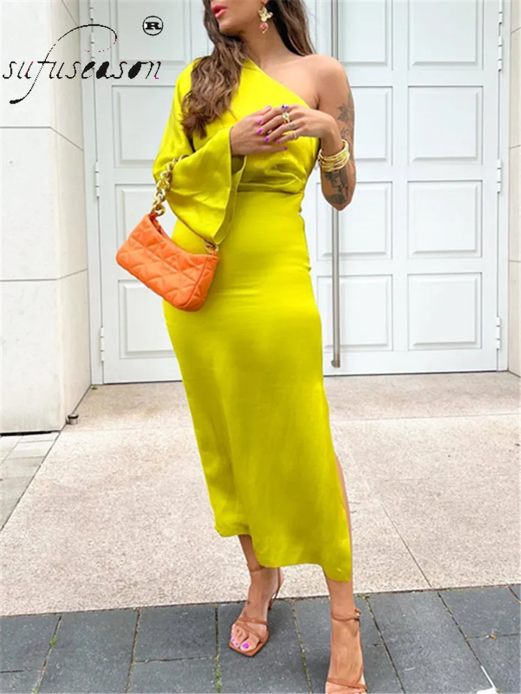 Yellow Elegant Gowns Midi Party Satin Dress Summer Women French High Waist Silk Texture Sloping Shoulder Long Evening Dress 2022
Yellow Elegant Gowns Midi Party Satin Dress Summer Women French High Waist Silk Texture Sloping Shoulder Long Evening Dress 2022