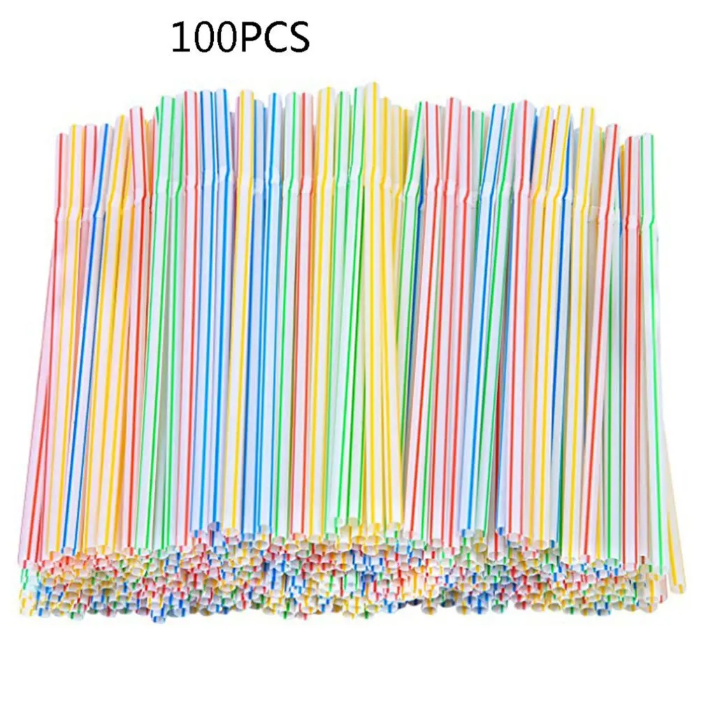 

100pcs Straw Striped Disposable Plastic Flexible Straws For Party Supplies Lengthen And Bendable Multi-Colored Juice Drink Straw