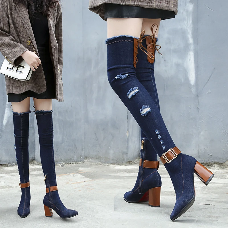 Women Classic Denim Over The Knee High Boots Stretch High Heel Female Shoes Ladies Pointed Toe Fashion Nice Autumn Knight Boots
Women Classic Denim Over The Knee High Boots Stretch High Heel Female Shoes Ladies Pointed Toe Fashion Nice Autumn Knight Boots