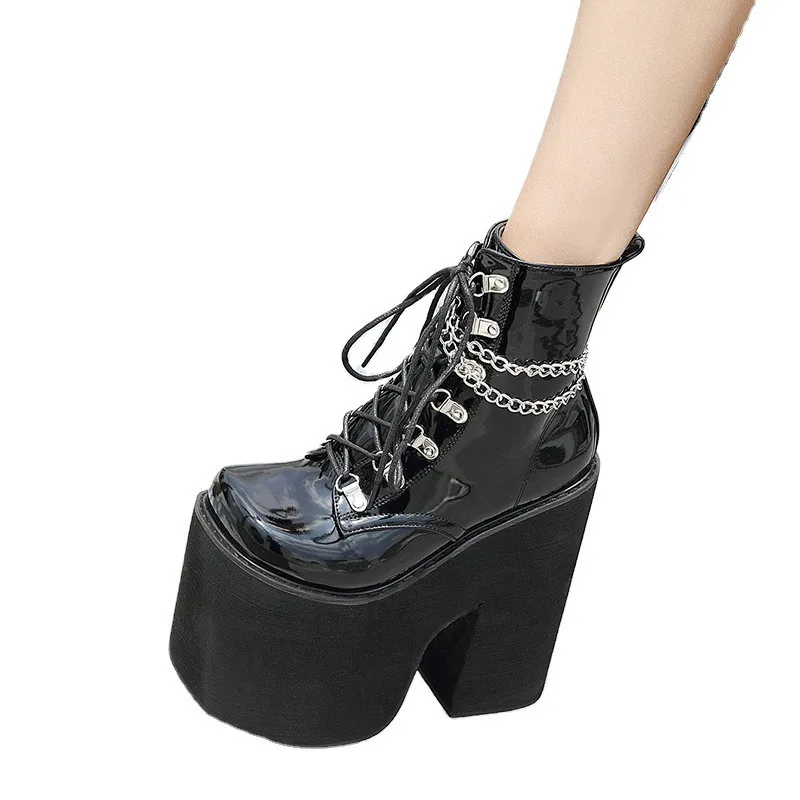 Women High Platform Ankle Boots Patent Leather Black Square Toe Metal Chain Lace Up Fashion Nightclub Stage Women Shoes KC186
Women High Platform Ankle Boots Patent Leather Black Square Toe Metal Chain Lace Up Fashion Nightclub Stage Women Shoes KC186