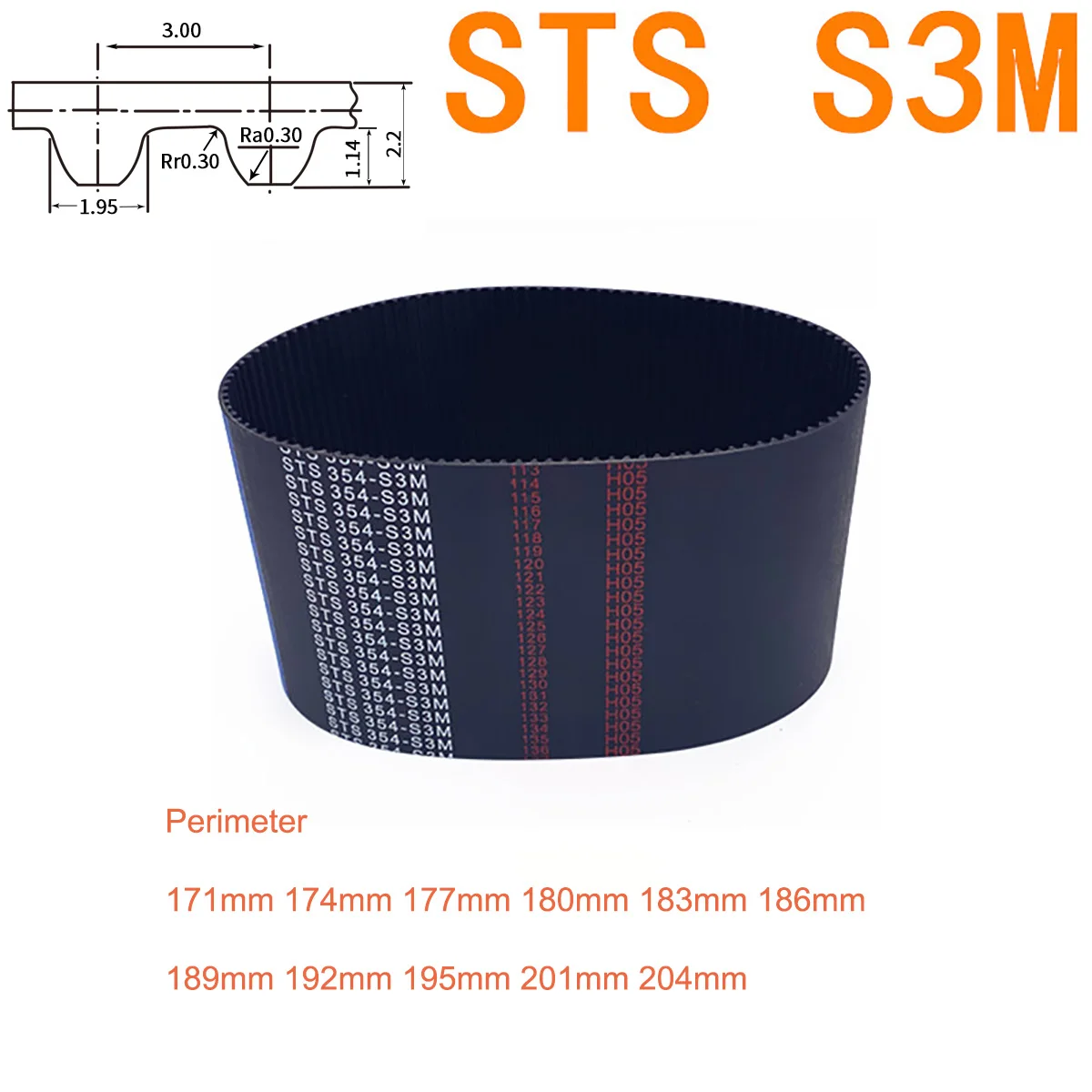 

1Pc S3M Timing Belt 171 174 177 180 183 186 189 192 195 201 204mm Width 6/10/15/20mm STS S3M Closed-loop Synchronous Rubber Belt