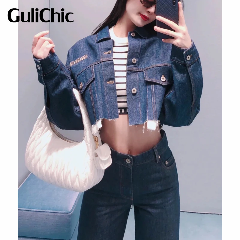 7.11 GuliChic Women Temperament Letter Embroidery Pocket Button Washed Raw-Cut High Waist Short Denim Coat Jacket
7.11 GuliChic Women Temperament Letter Embroidery Pocket Button Washed Raw-Cut High Waist Short Denim Coat Jacket