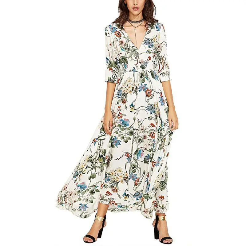 Women Vacation Cotton V-Neck Button Up Drawstring Waist Maxi Long Flowy Dress Bohemian Floral Print Split Pleated Party Sundress
Women Vacation Cotton V-Neck Button Up Drawstring Waist Maxi Long Flowy Dress Bohemian Floral Print Split Pleated Party Sundress