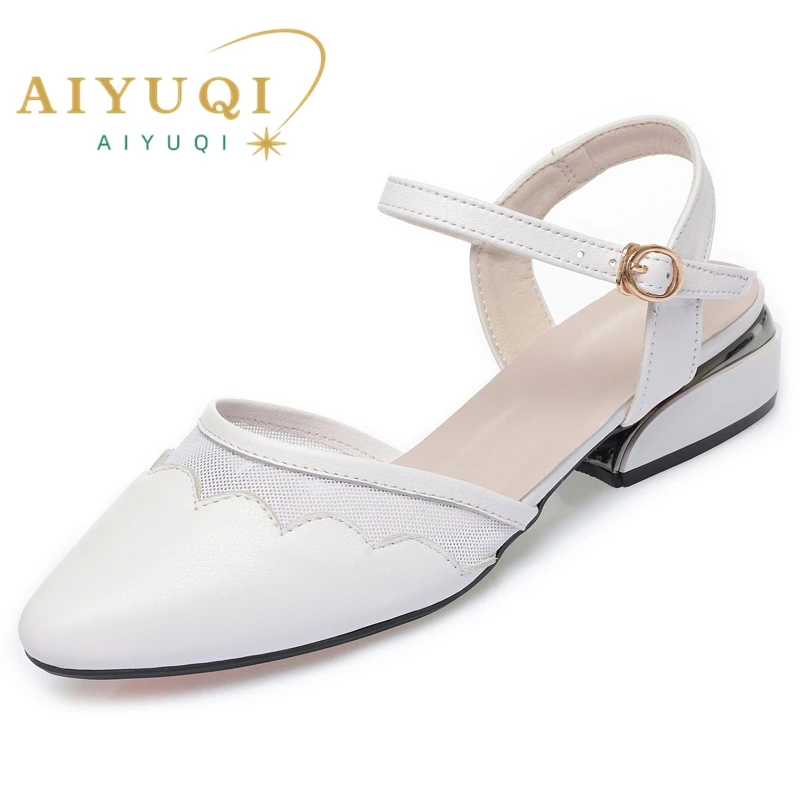 

AIYUQI Women's Summer Shoes Genuine Leather Closed Toe Non-slip Dress Women's Sandals Mid Heel Cutout Women's Sandals