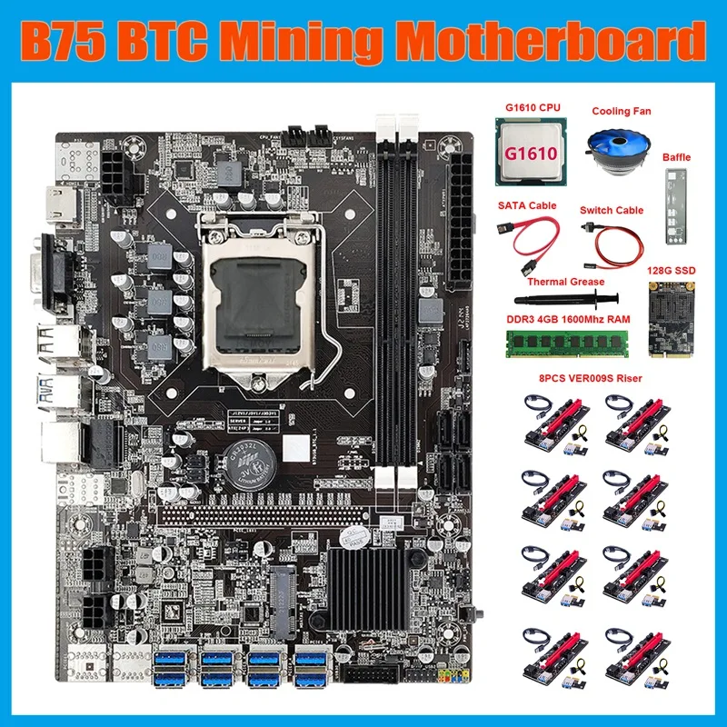 B75 8USB ETH Miner Motherboard+G1610 CPU+8XVER009S Riser Card+DDR3 4GB RAM+128G SSD+Fan+SATA Cable+Switch Cable B75 BTC
B75 8USB ETH Miner Motherboard+G1610 CPU+8XVER009S Riser Card+DDR3 4GB RAM+128G SSD+Fan+SATA Cable+Switch Cable B75 BTC