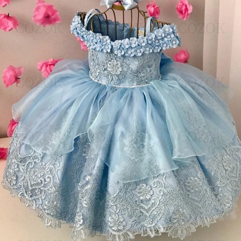 

Простые синие платья для девочек с цветочной аппликацией и цветочным рисунком с открытыми плечами и бантом, кружевное Тюлевое длинное платье для первого причастия