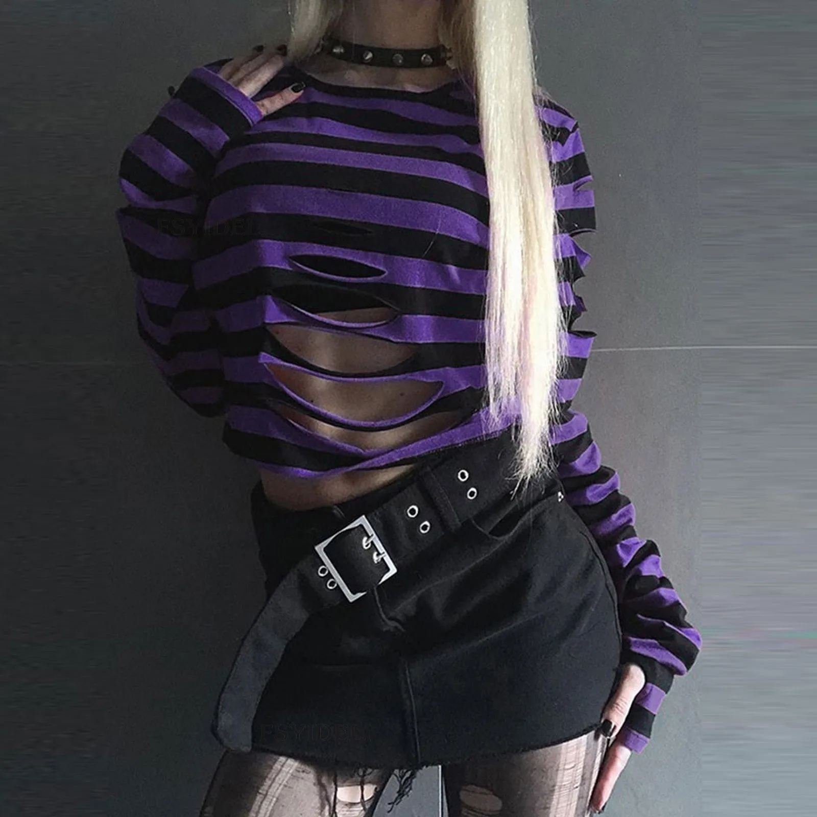 Women'S Y2k Gothic Hollow Out Crop Tops Striped Sexy T-Shirt Long Sleeve Round Neck Finger Hole T Shirt Vintage Loose Top 2023
Women'S Y2k Gothic Hollow Out Crop Tops Striped Sexy T-Shirt Long Sleeve Round Neck Finger Hole T Shirt Vintage Loose Top 2023