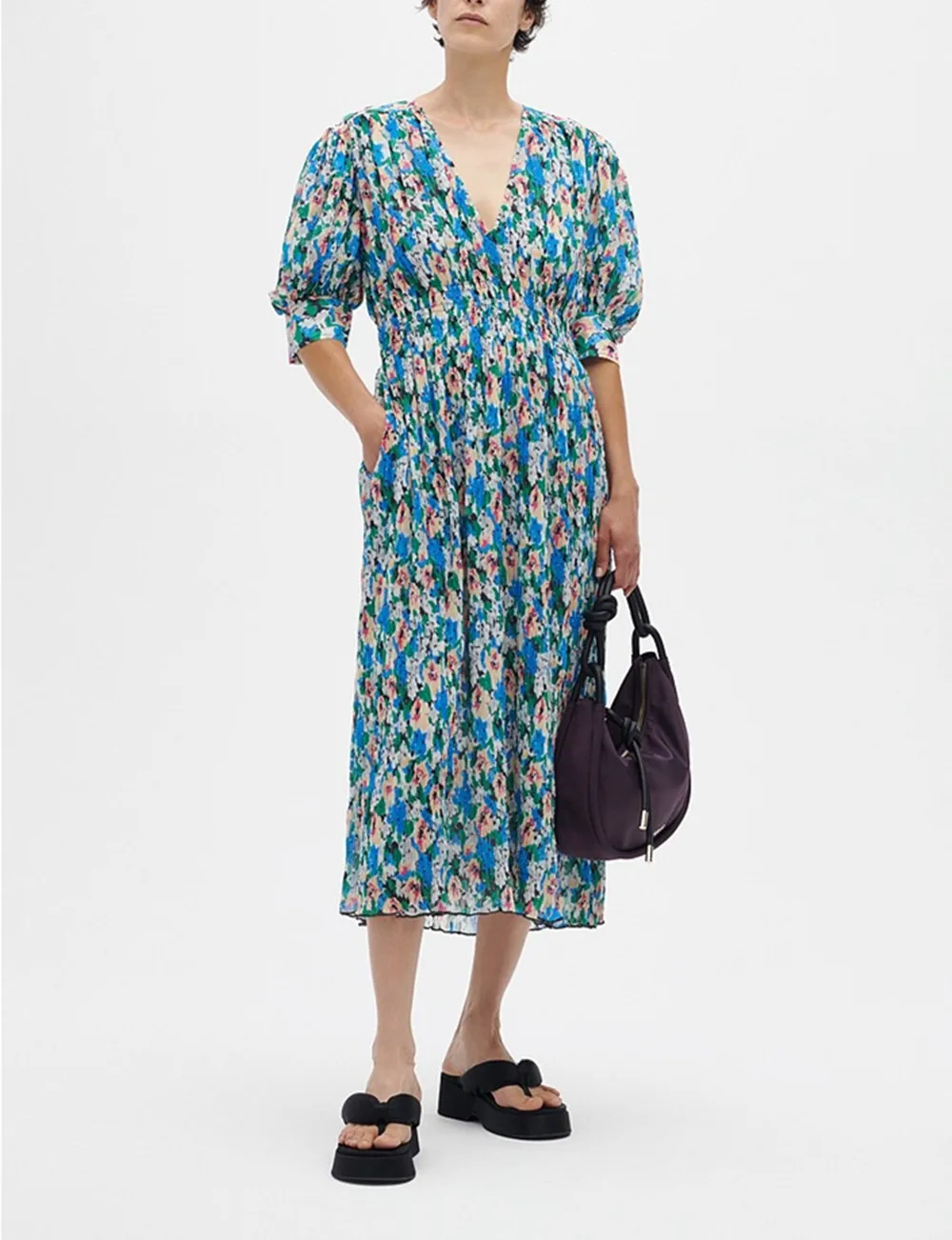 

Women Floral Printed Midi Dress V-Neck Short Puff Sleeve Female Pleated Georgette 2022 Spring Summer Long Robe for Holiday