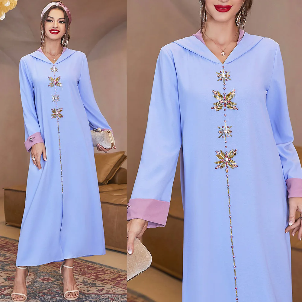Dress Women Muslim Rhinestone Solid Color With Hood Long Sleeve Dress Spring Summer New 2022 Casual Loose Simplicity Ladies Robe
Dress Women Muslim Rhinestone Solid Color With Hood Long Sleeve Dress Spring Summer New 2022 Casual Loose Simplicity Ladies Robe