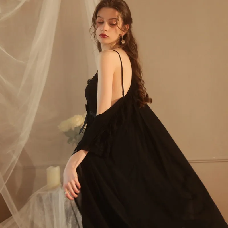 

Robe Long Lingerie Sling Black Nightgown Bow Bathrobe Gown Cute Sweet Intimate V-neck Sets Sexy Sexy Nighty Dress Pijamas Mesh