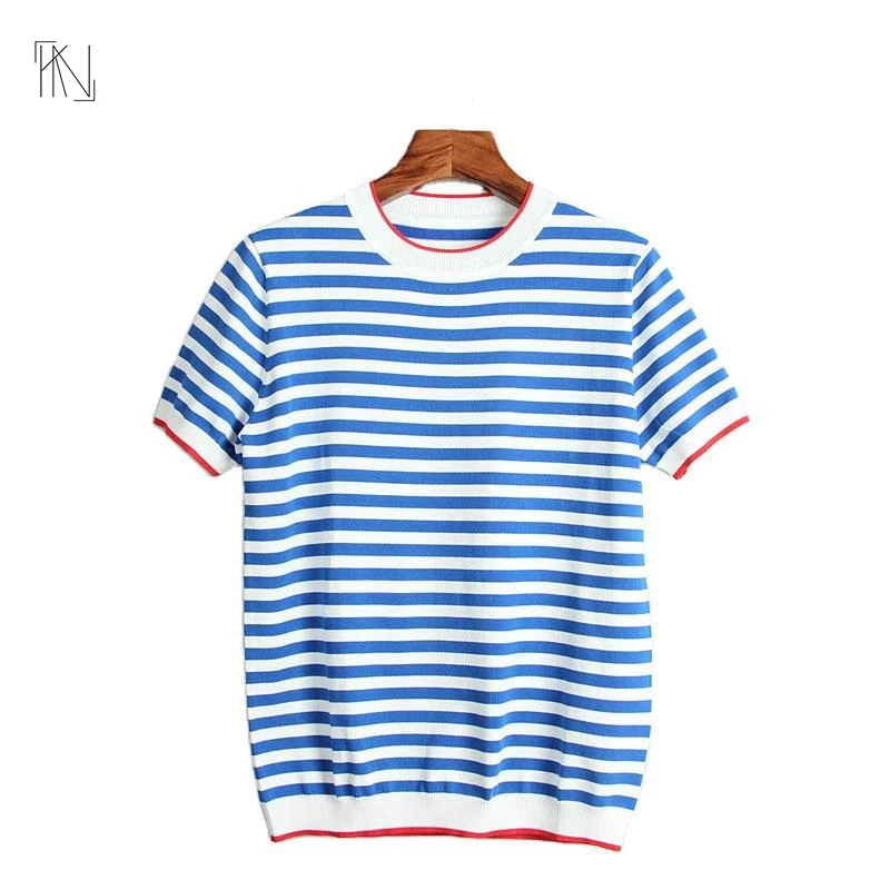 Blue and White Striped Short-sleeved Knitted Pullover Fall 2022 New Women French Round Neck Loose Ice Silk Top Free Shipping
Blue and White Striped Short-sleeved Knitted Pullover Fall 2022 New Women French Round Neck Loose Ice Silk Top Free Shipping