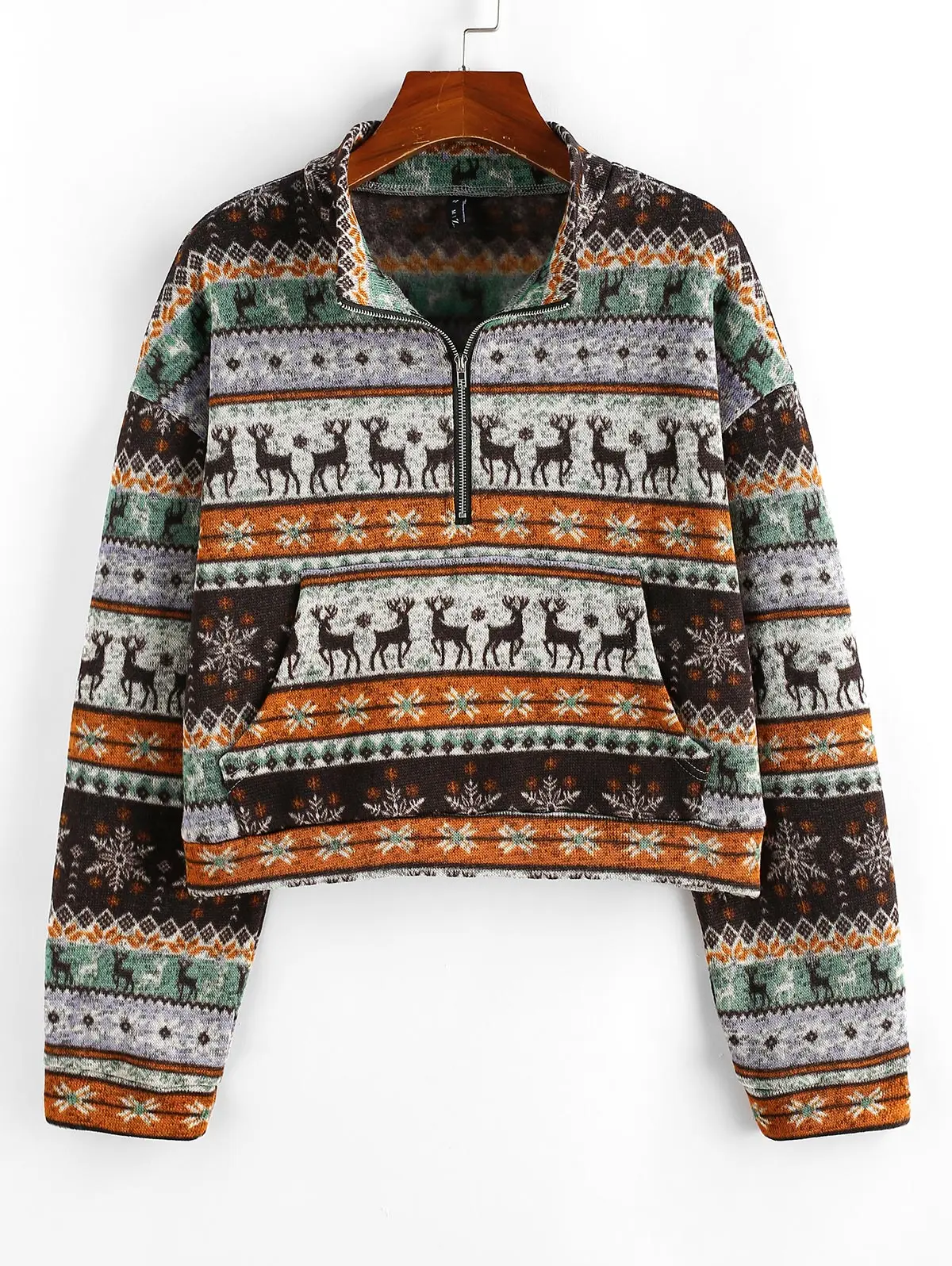 

ZAFUL Christmas Elk Snowflake Half Zip Sweatshirt Women Knitted Pocket Short Pullover Fashion Ethnic Aztec Printed Tops Female