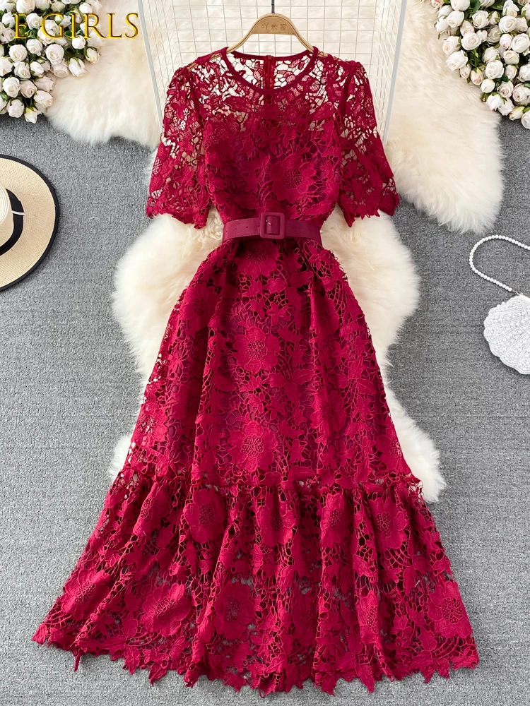 E GIRLS Summer Hollow Out Lace Long Dress Women Sexy O-Neck Short Sleeve High Waist A-Line Beach Vestidos Female With Belt New
E GIRLS Summer Hollow Out Lace Long Dress Women Sexy O-Neck Short Sleeve High Waist A-Line Beach Vestidos Female With Belt New