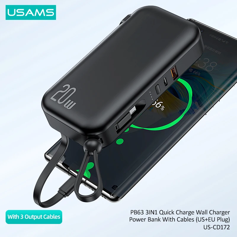 USAMS портативное зарядное устройство 10000 мАч с 20 Вт PD Быстрая зарядка 3 в 1 настенное