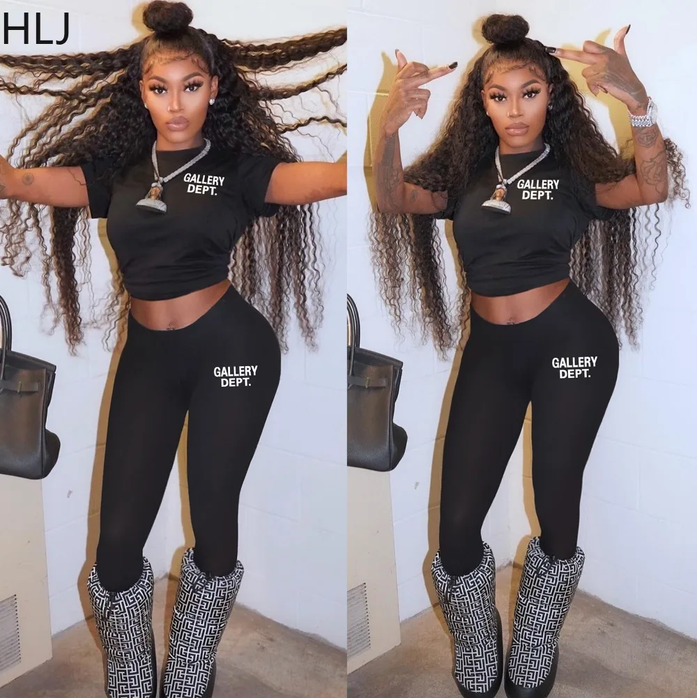 HLJ Black Fashion Letter Printing Tracksuits Women Round Neck Short Sleeve Crop Top And Legging Pants Two Piece Sets Outfit 2023
HLJ Black Fashion Letter Printing Tracksuits Women Round Neck Short Sleeve Crop Top And Legging Pants Two Piece Sets Outfit 2023