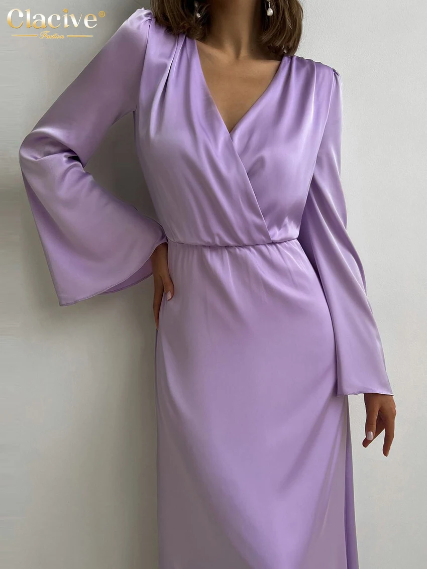 Clacive Sexy V-Neck Party Dresses Woman Fashion Bodycon Long Sleeve Midi Dress Elegant Slim Purple Satin Dresses For Women 2022
Clacive Sexy V-Neck Party Dresses Woman Fashion Bodycon Long Sleeve Midi Dress Elegant Slim Purple Satin Dresses For Women 2022
