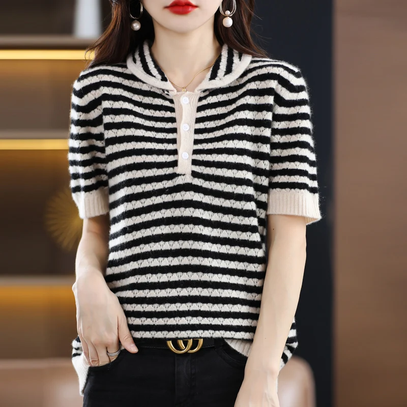 100% merino wool short-sleeved sweater women's pullover comfortable soft lapel knitted hollow-out women's pure wool top T-shirt
100% merino wool short-sleeved sweater women's pullover comfortable soft lapel knitted hollow-out women's pure wool top T-shirt