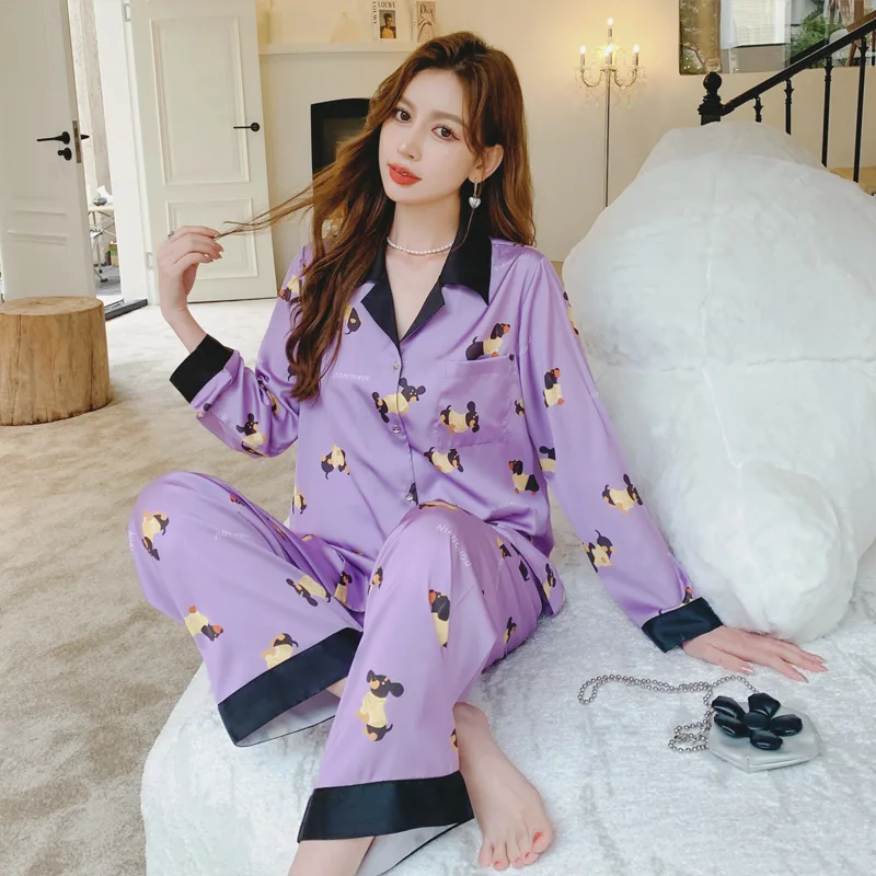 Jxgarb Spring New Satin Cartoon Dog Print Casual Long Sleeve Trousers Pajamas Sets Sweet Women's Home Wear Suits Outfits Hot
Jxgarb Spring New Satin Cartoon Dog Print Casual Long Sleeve Trousers Pajamas Sets Sweet Women's Home Wear Suits Outfits Hot
