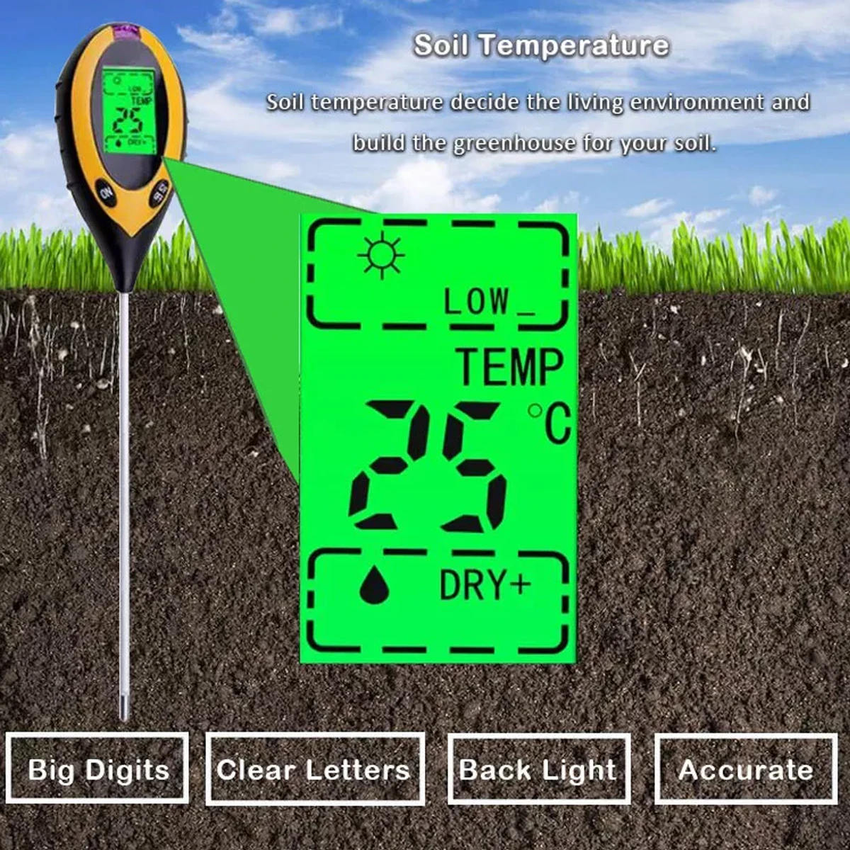 4-in-1 Digital Soil Detector Portable Professional Tool PH Moisture Sunlight Tester Sensor Kits Used For Gardens Farms
4-in-1 Digital Soil Detector Portable Professional Tool PH Moisture Sunlight Tester Sensor Kits Used For Gardens Farms