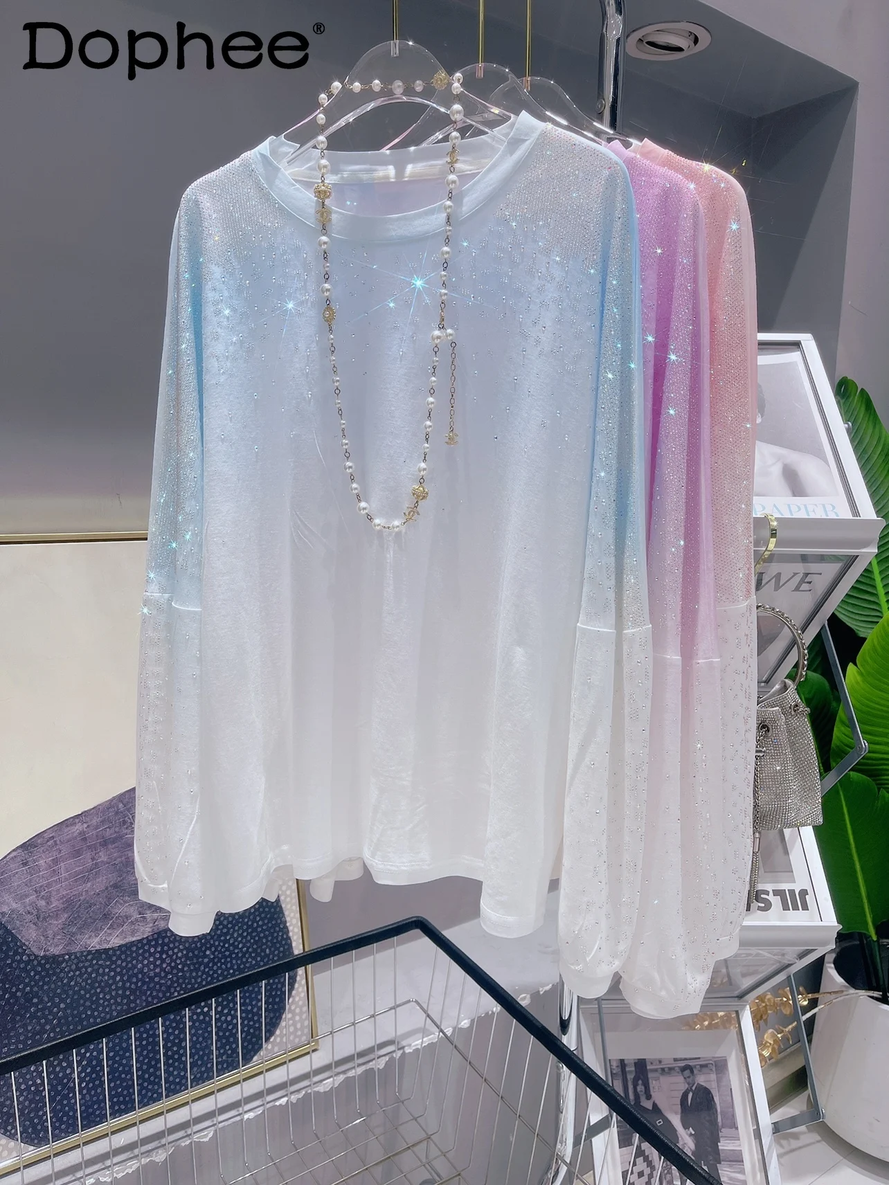 Trendy Hot Drilling Thin Ice Silk Knitted Sweater Outer Wear 2022 Autumn New High Quality Gradient Color Long Sleeve Sweater Top 
Trendy Hot Drilling Thin Ice Silk Knitted Sweater Outer Wear 2022 Autumn New High Quality Gradient Color Long Sleeve Sweater Top