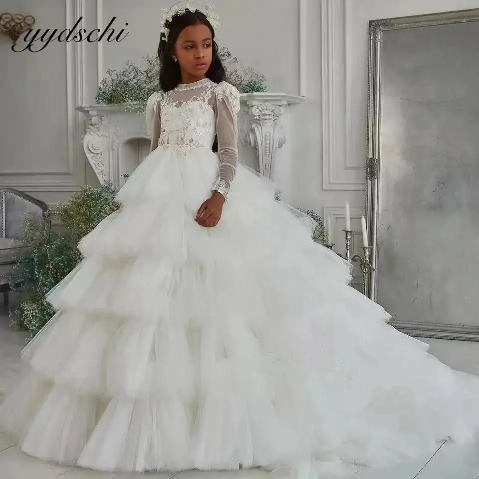 

Flower Girls Dresses For Weddings Lace Appliques Beaded Long Sleeves Evening Party Gowns Little Girls First Communion Dressess