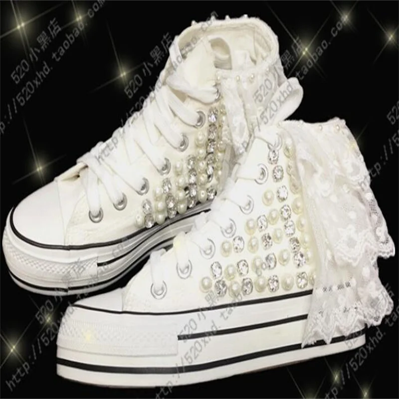 Flat Wedding Shoes Hand Sewn Lace Rhinestone Pearl Thick Sole Lace Up High Canvas Shoes Bridal Wedding Shoes 35-42
Flat Wedding Shoes Hand Sewn Lace Rhinestone Pearl Thick Sole Lace Up High Canvas Shoes Bridal Wedding Shoes 35-42