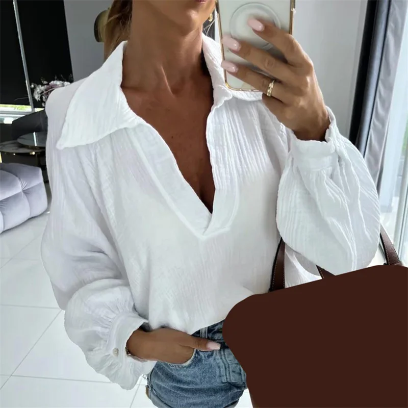Solid Women Casual Tops Ladies Fashion Long Sleeve Blouse Elegant Turn-down Collar Button Loose Simple Lady Shirt Pullover
Solid Women Casual Tops Ladies Fashion Long Sleeve Blouse Elegant Turn-down Collar Button Loose Simple Lady Shirt Pullover