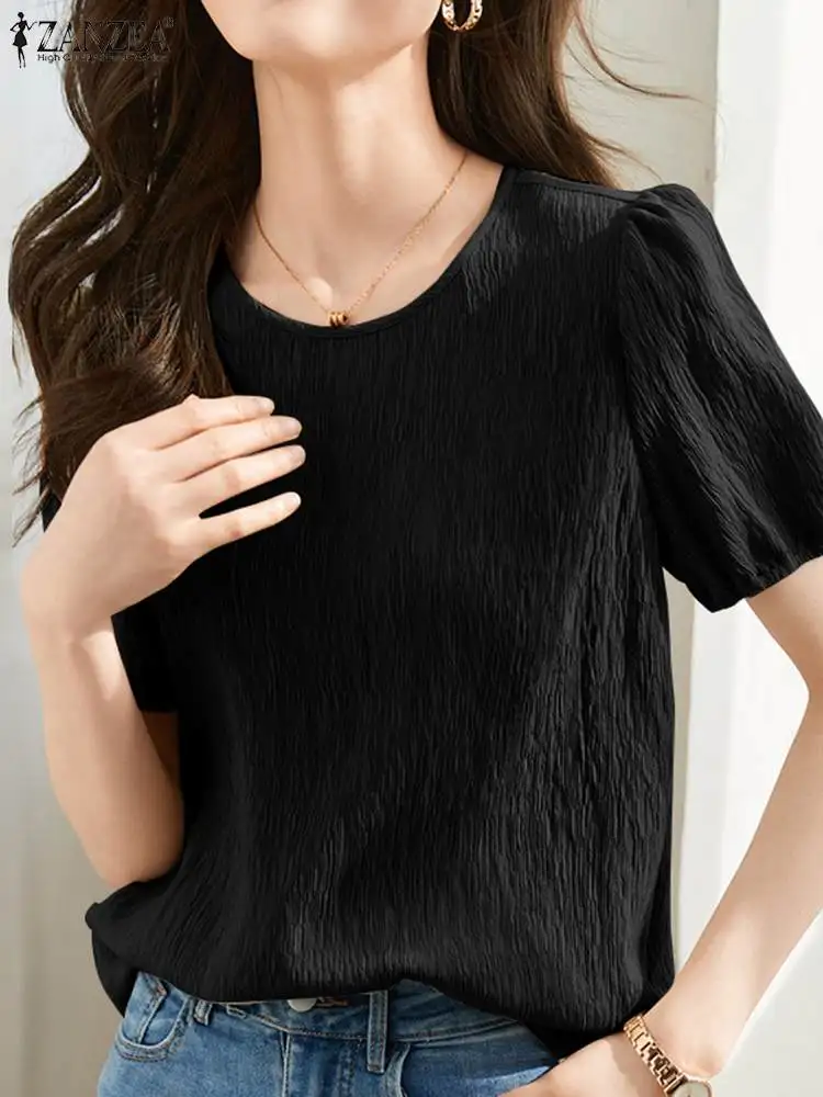 

ZANZEA Women Casual Shirts Korean Fashion Holiday Oversized Solid Blouse Short Sleeve Textured Fabric O-neck Loose Tunic Tops