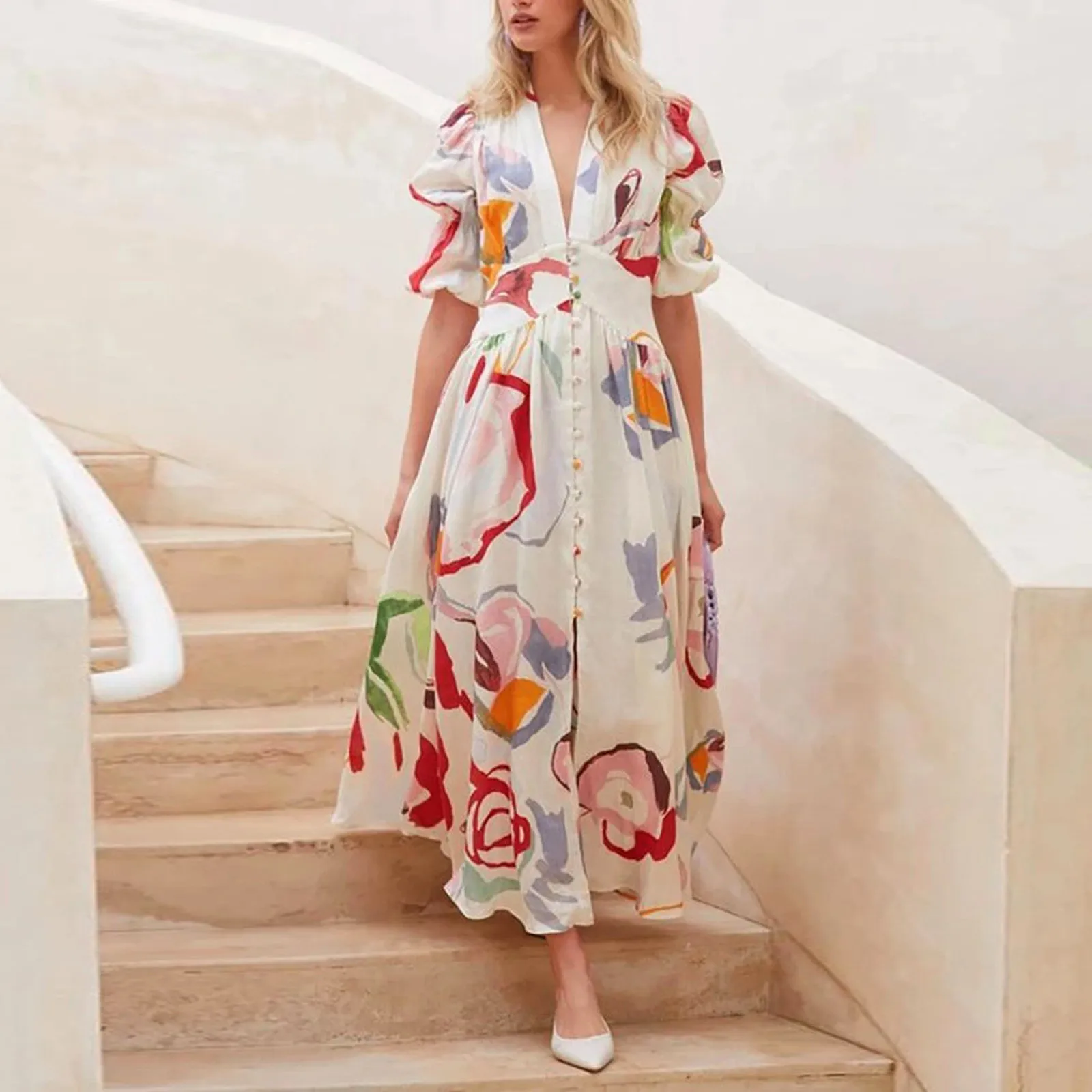 Boho Floral Long Dress Sexy Short Sleeve V-Neck Sundress With Buttons Beach Office Club Outfit Party Dress Vestidos Female
Boho Floral Long Dress Sexy Short Sleeve V-Neck Sundress With Buttons Beach Office Club Outfit Party Dress Vestidos Female