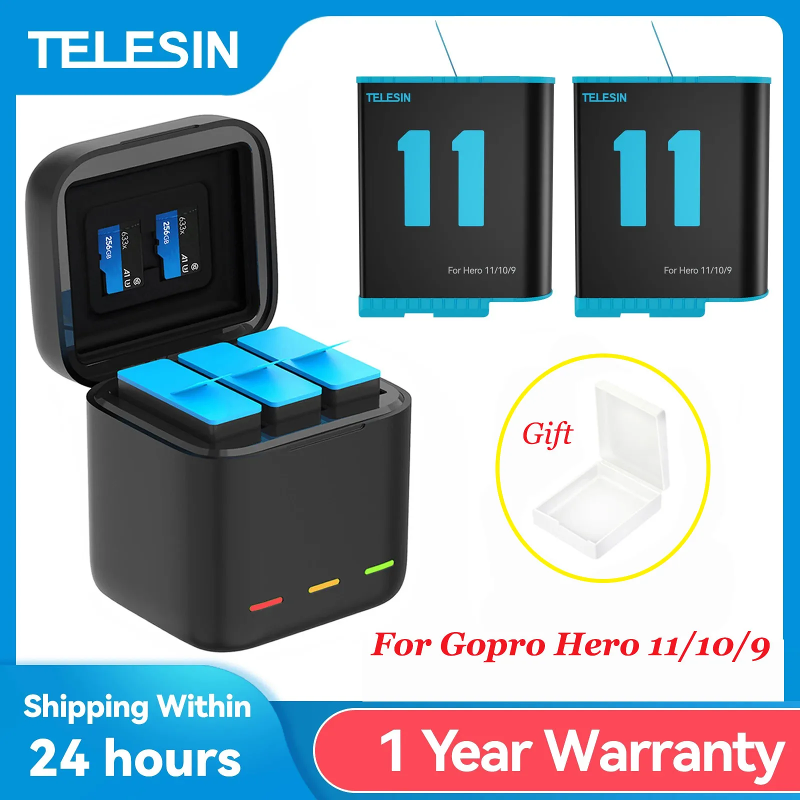 

TELESIN 1750 mAh Battery 3 Ways Fast Charger Box with TF Card Storage for GoPro Hero 11 10 9 Black Action Cameras Accessories