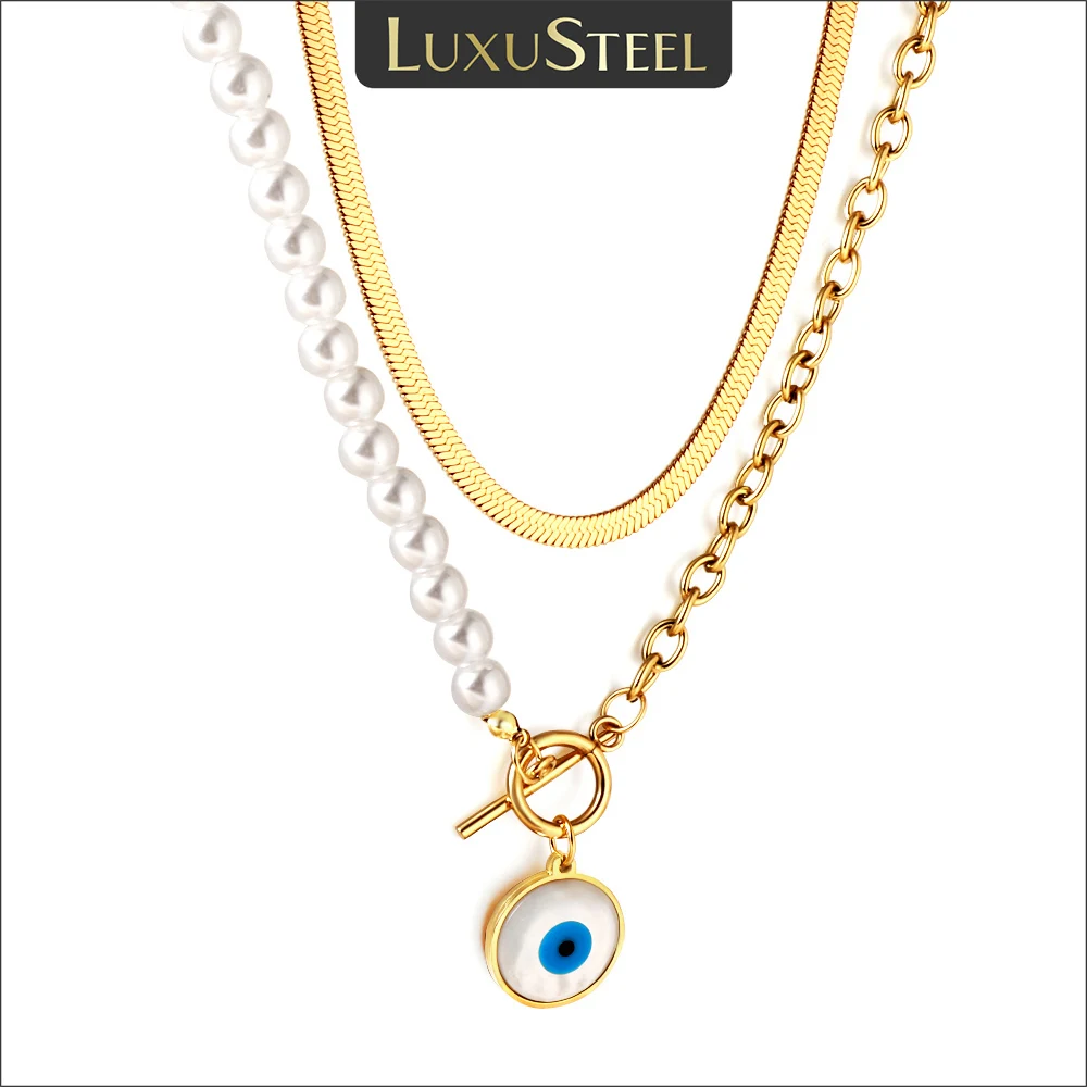 LUXUSTEEL Fashion Shell Evil Eye Pendant Necklace Snake Pearl Double Chain For Women Stainless Steel Turkish Wedding Party Gifts
LUXUSTEEL Fashion Shell Evil Eye Pendant Necklace Snake Pearl Double Chain For Women Stainless Steel Turkish Wedding Party Gifts