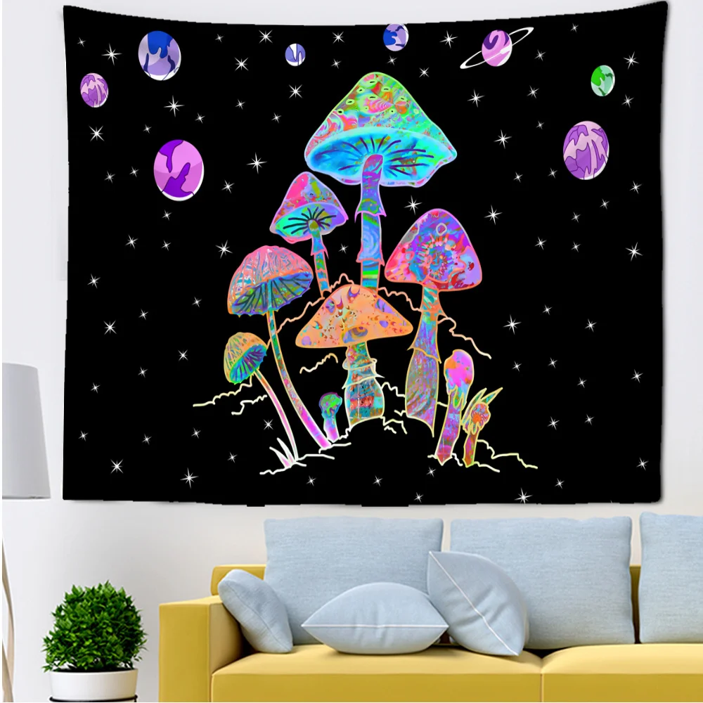 

Magic Mushroom Creative Tapestry Cosmic Planet Pattern Black Background Living Room Bedroom Kitchen Wall Hangings Home Decor