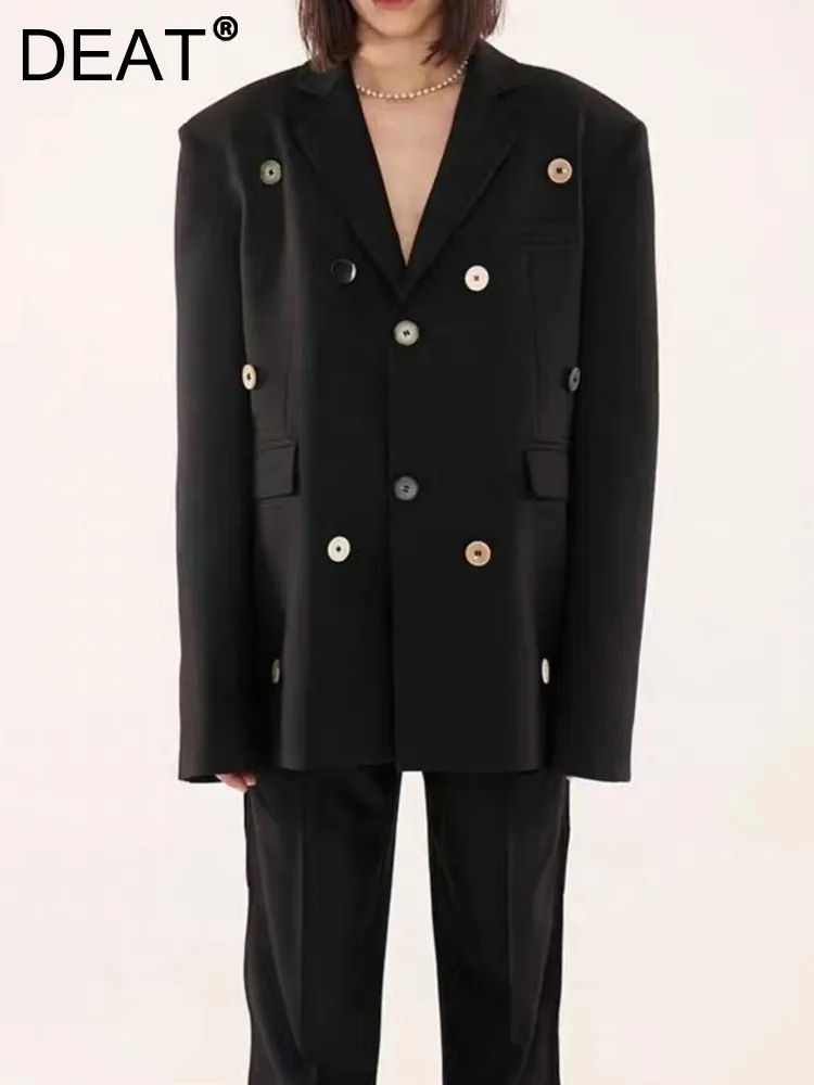 

Женский блейзер на пуговицах DEAT, свободный комбинированный пиджак с отложным воротником и длинными рукавами, пальто на осень, 7AB1093, 2023