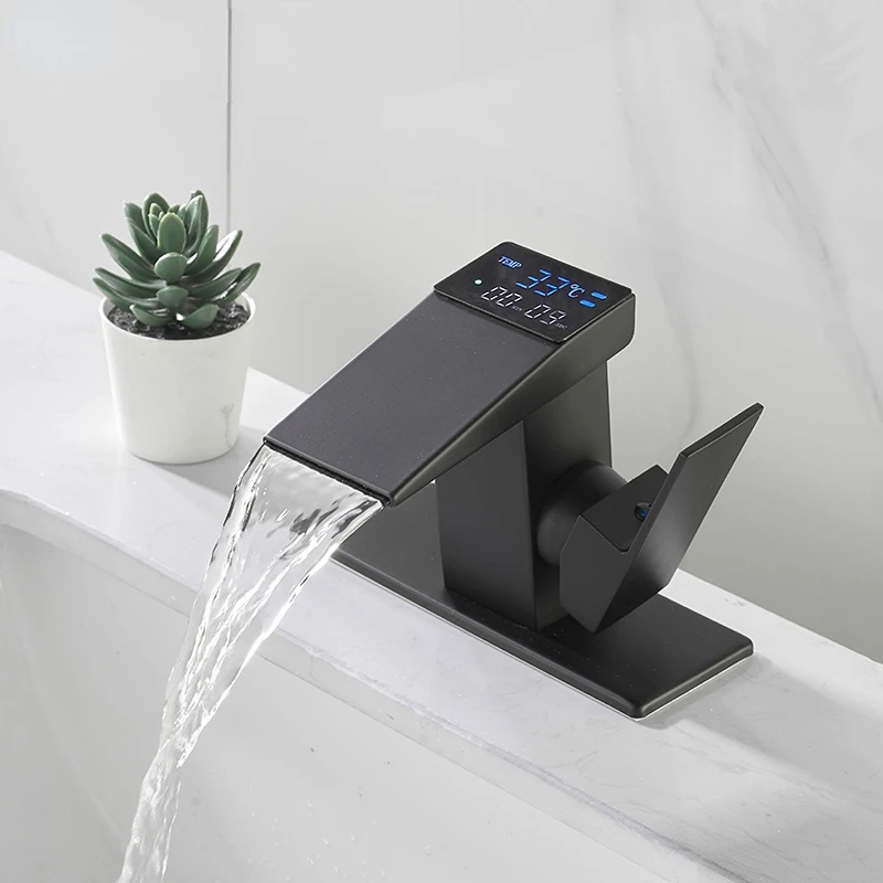 

Digital Display Waterfall Basin Sink Faucet Hot&Cold Water Temperature LED Washbasin Taps Bathroom Deck Mixers Crane