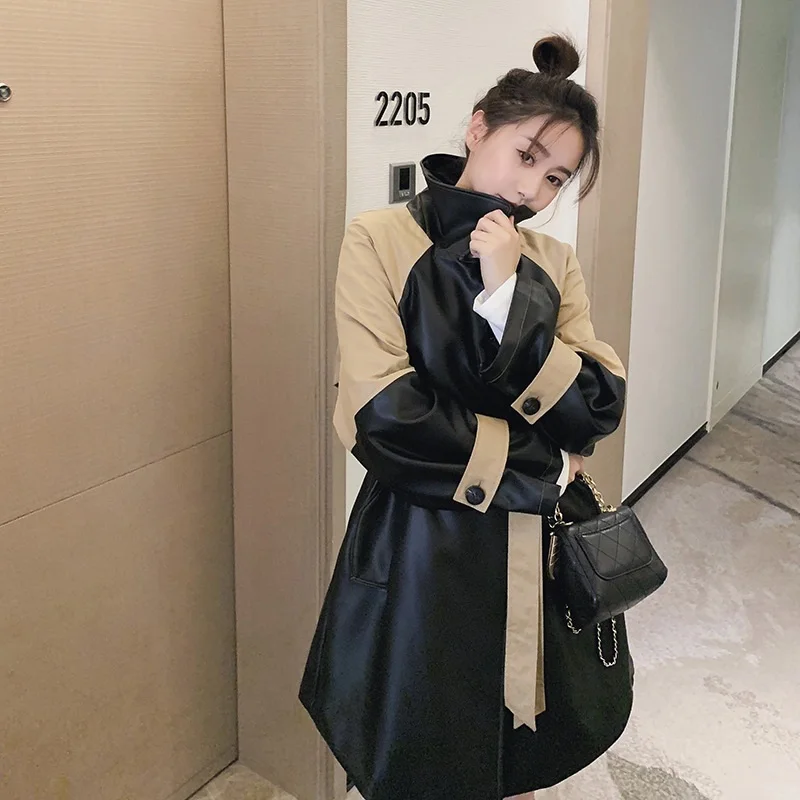 Spring Mid-length Contrast Color Splicing Faux Leather Outwear With Sashes Women Korean Casual Lapel Long Sleeve PU Biker Jacket
Spring Mid-length Contrast Color Splicing Faux Leather Outwear With Sashes Women Korean Casual Lapel Long Sleeve PU Biker Jacket