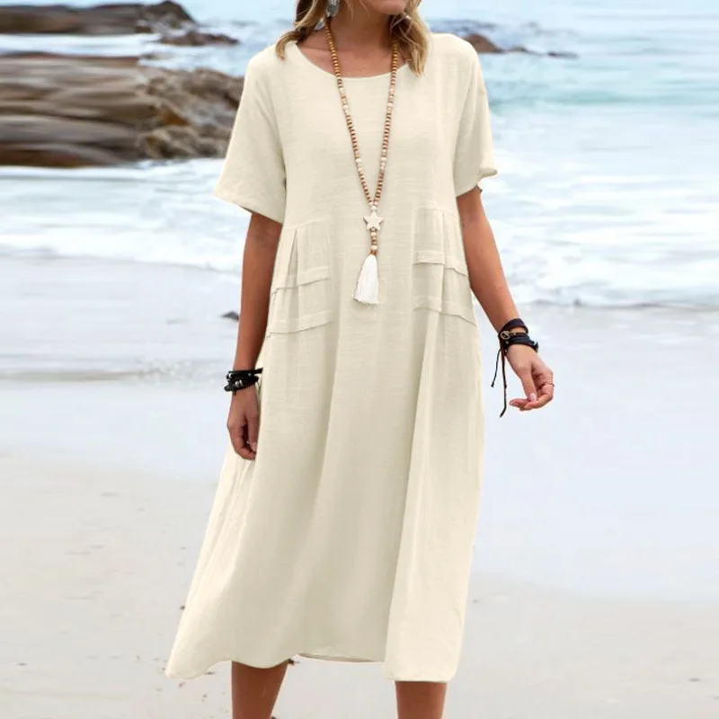 Summer Solid Color O Neck Long Dress Elegant Casual Short Sleeve Cotton Linen Dress Women Simple Holiday Pleat Loose Beach Dress
Summer Solid Color O Neck Long Dress Elegant Casual Short Sleeve Cotton Linen Dress Women Simple Holiday Pleat Loose Beach Dress