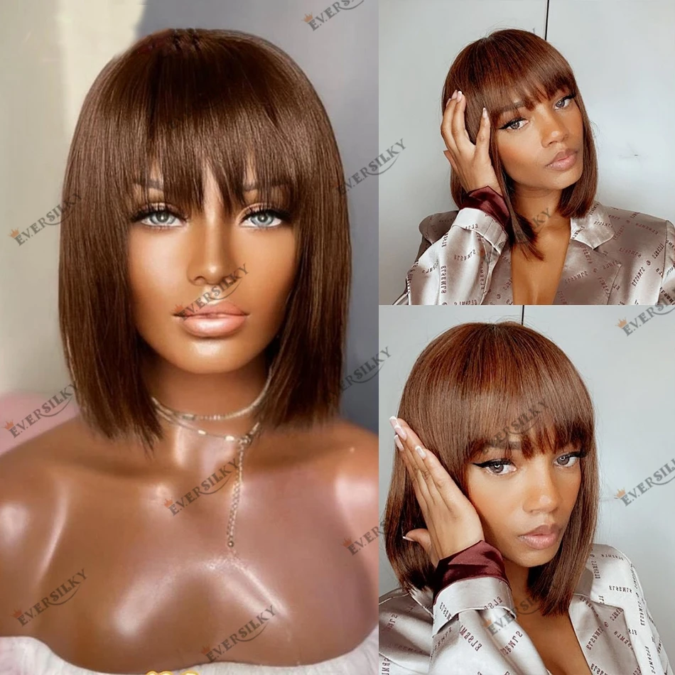 Straight Bob Bang Wigs Brown Human Hair Short Wig for Women O Silk Top 180 Density Brown Remy Hair Fringe Wigs
Straight Bob Bang Wigs Brown Human Hair Short Wig for Women O Silk Top 180 Density Brown Remy Hair Fringe Wigs