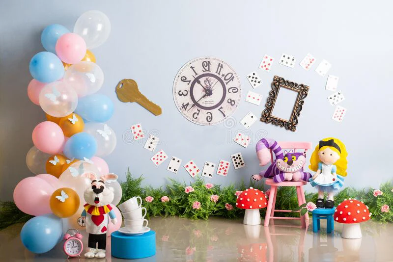 

wonderland doll poker mushroom clock children baby smash cake birthday party poster banner photo background photography backdrop