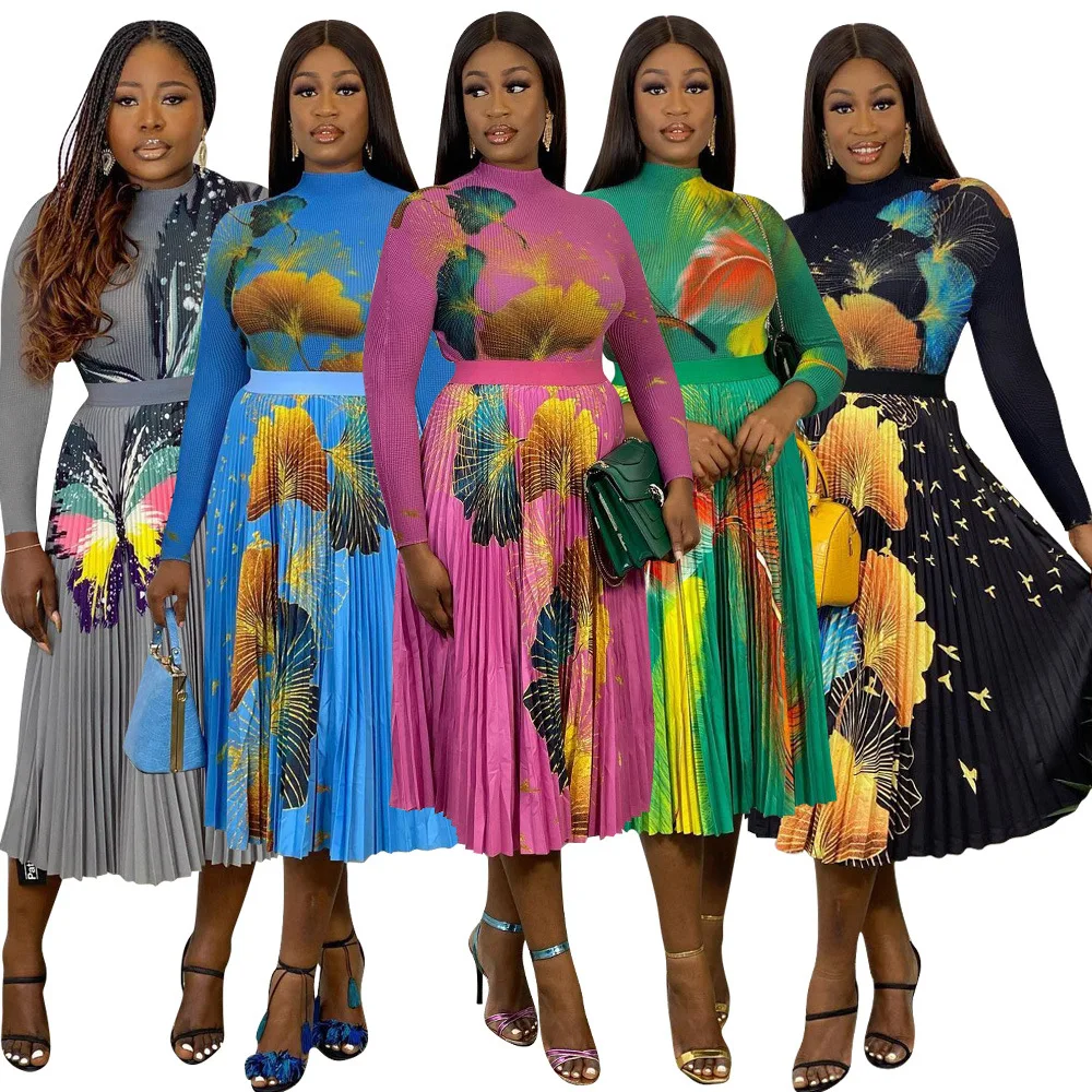 Sexy Chiffon Pleated Skirt Sets Autumn Long Sleeve Turtleneck Knitted Top and Long Skirts Women Fashion Printed Club Outfits
Sexy Chiffon Pleated Skirt Sets Autumn Long Sleeve Turtleneck Knitted Top and Long Skirts Women Fashion Printed Club Outfits