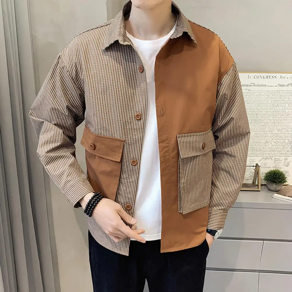 Stripe Pattern Long Sleeve Men Shirt Casual Stand Collar Pocket Buttons Shirt Splicing Design Single-Breasted Spring Shirt
Stripe Pattern Long Sleeve Men Shirt Casual Stand Collar Pocket Buttons Shirt Splicing Design Single-Breasted Spring Shirt