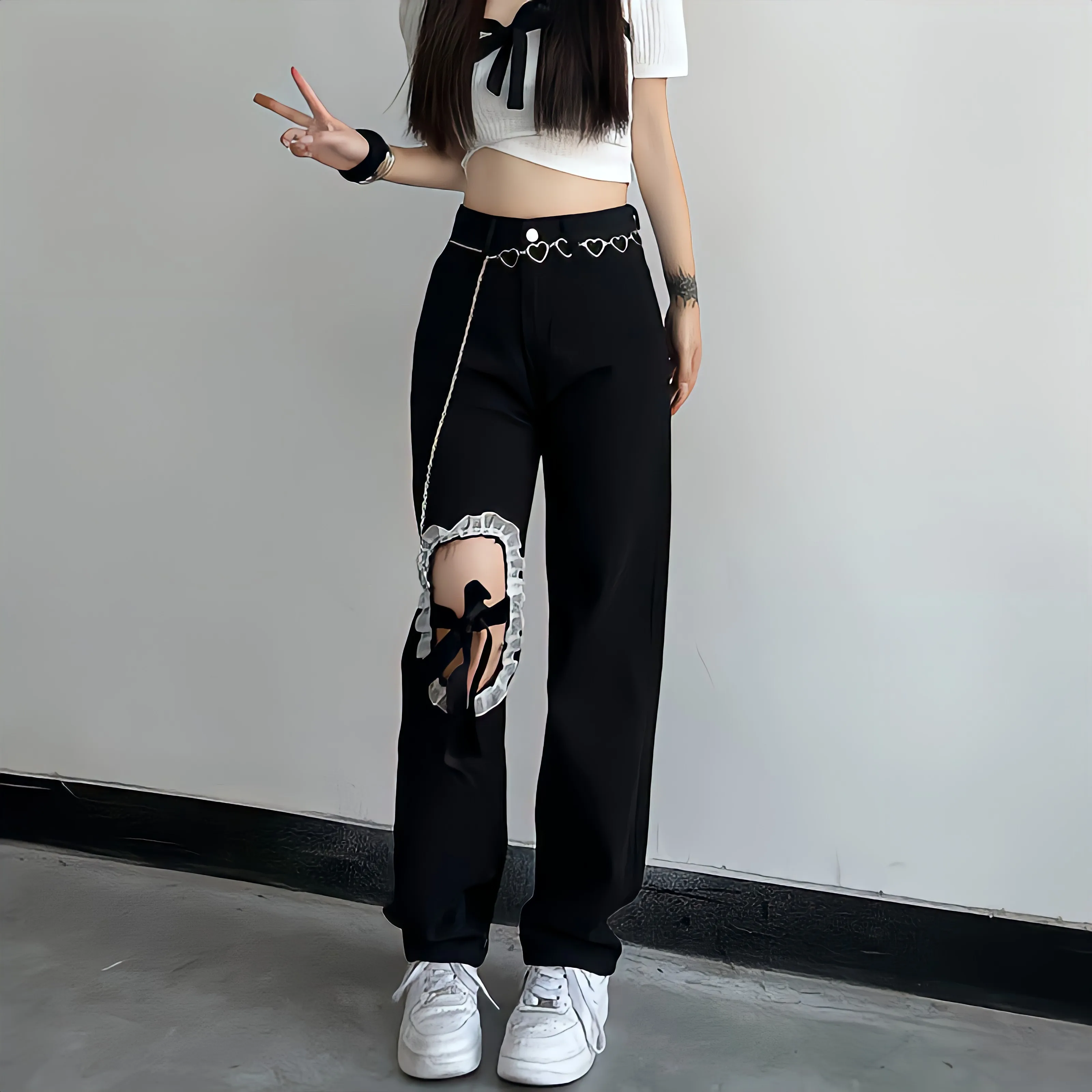 

Black Lace Up Ripped High Waisted Jeans Korean Fashion Vibe Style Denim Trousers Streetwear Y2k Jeans Women Baggy Wide Leg Pants