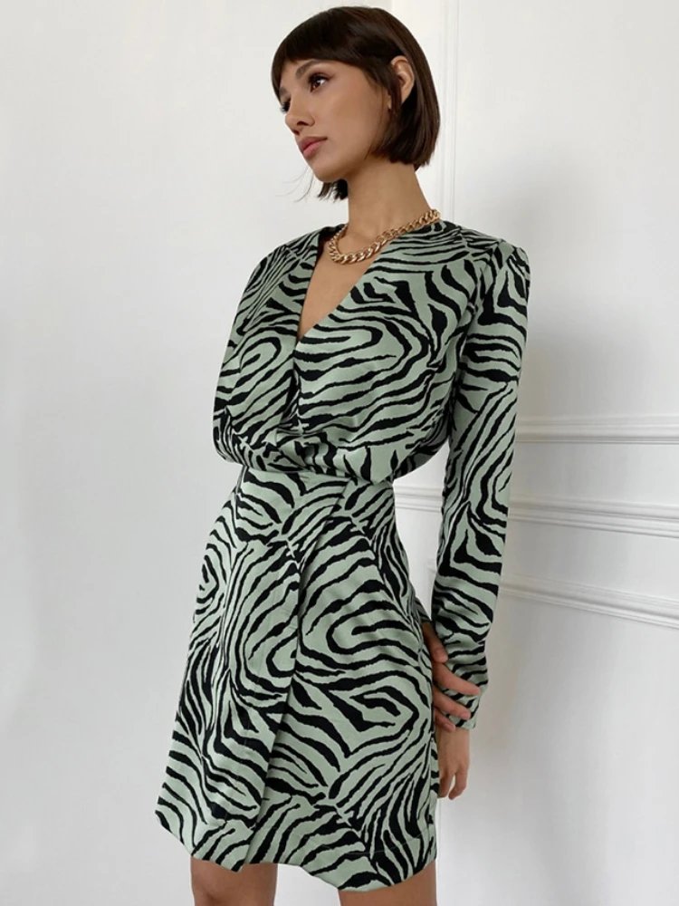 

Женское короткое платье с принтом, Элегантное повседневное модное офисное платье-пуловер с V-образным вырезом и контрастным длинным рукавом, Осень-зима 2023