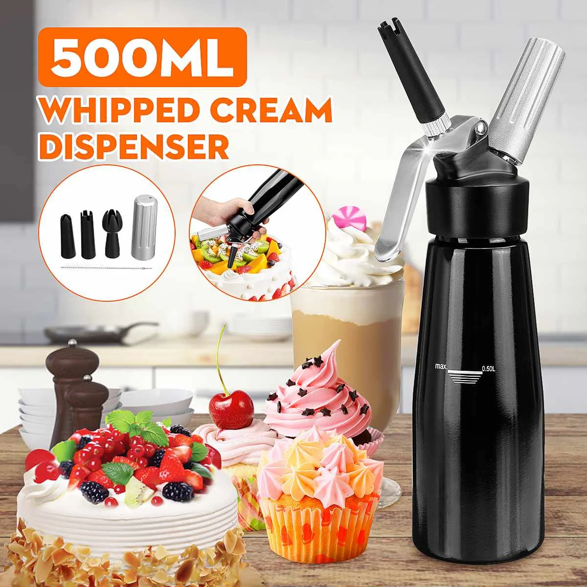 500ml Aluminum Whipped Cream Dispenser Whipper Cracker with Attachen Decorating Nozzles Desserts Maker Kitchen Bakeware Tool
500ml Aluminum Whipped Cream Dispenser Whipper Cracker with Attachen Decorating Nozzles Desserts Maker Kitchen Bakeware Tool