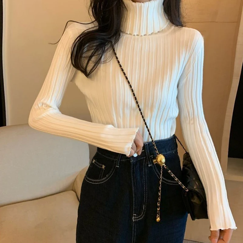 

Lucyever 2023 Autumn Winter Women Sweater Solid Long Sleeve Turtleneck Knitted Jumper Female Korean Ribbed Warm Pullover Tops