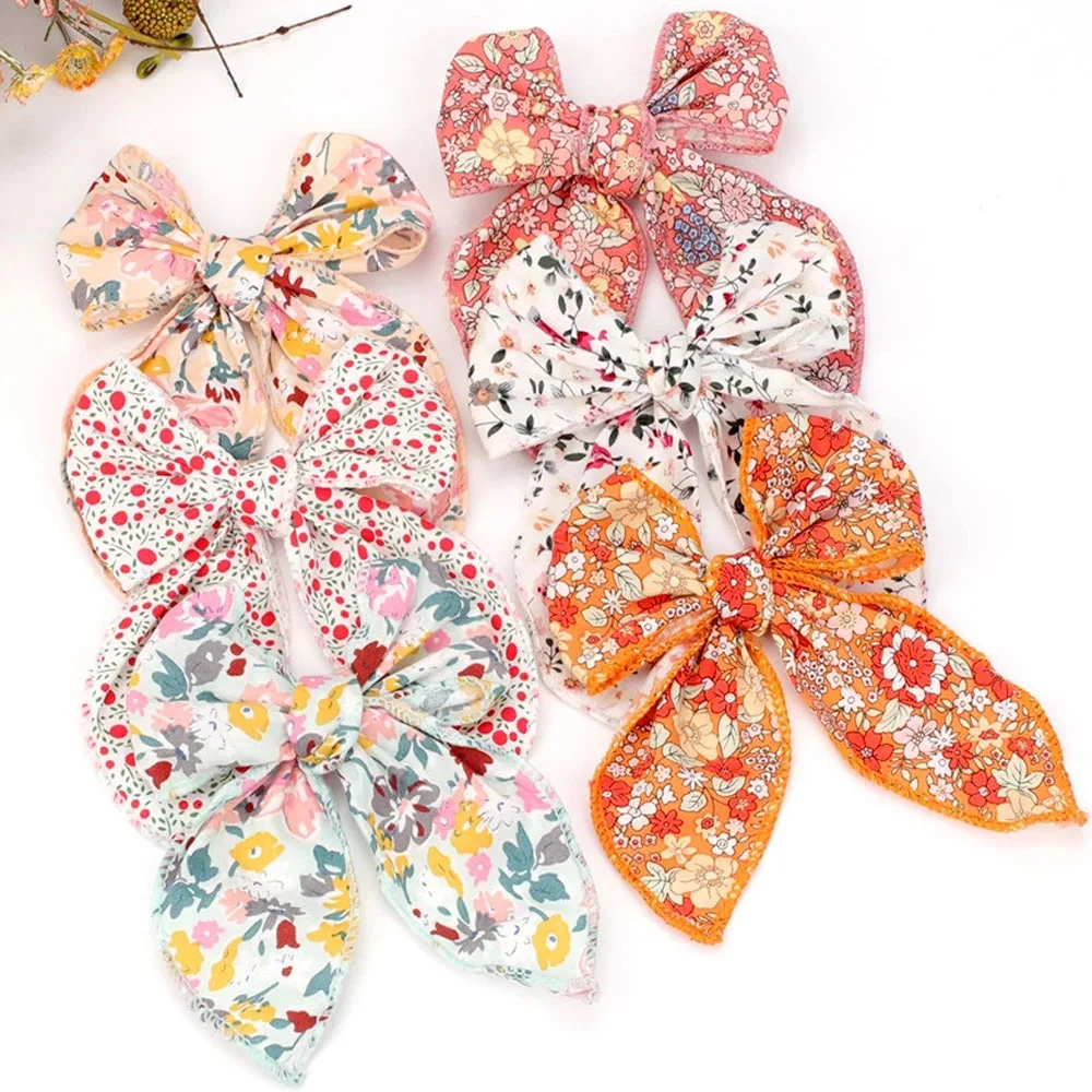 

24Pcs/Lot, 5.0" Floral Cotton Hair Bows For Girls Hair Clips Kids Hairgrips Or Hairbands Kids Cotton Bows Headbands