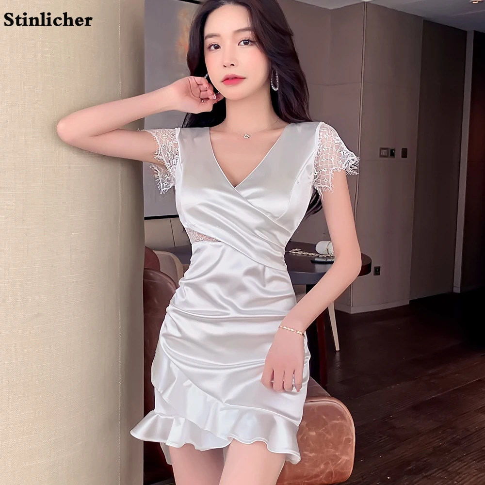Summer Sexy Deep V Lace Hollow Out Satin Silk Short Mini Dress Women Club Party Ruffle Trumpet Pencil Dress Korean Ladies Robe
Summer Sexy Deep V Lace Hollow Out Satin Silk Short Mini Dress Women Club Party Ruffle Trumpet Pencil Dress Korean Ladies Robe