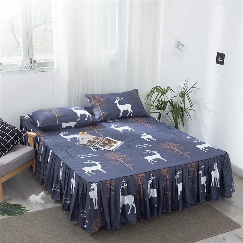 

Lovely Deer Pattern Pleated Bed Spreads with Bed Skirt Queen Size Home Dust-proof Bed Spread Single Double Bed Linen Bedspread