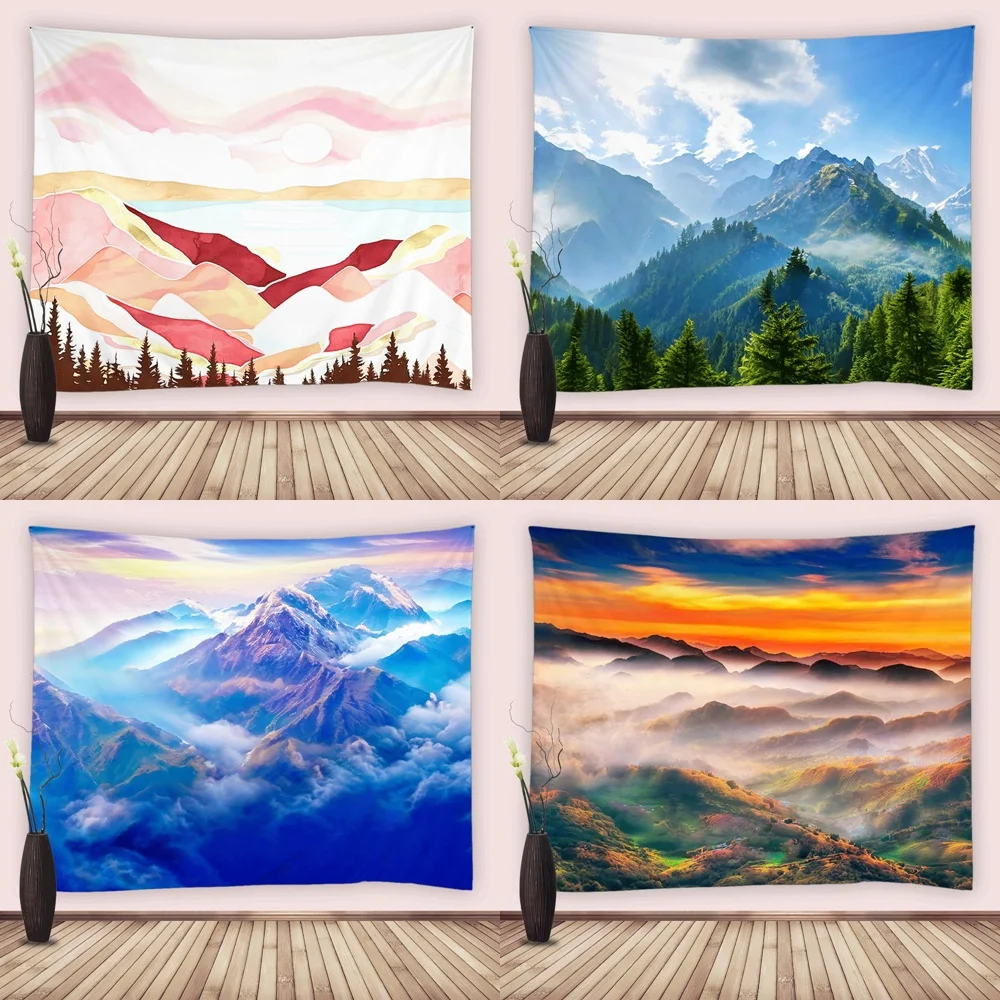 

Abstract Mountain Tapestry Misty Forest Tree Sunset Nature Landscape Art Tapestries Wall Hanging for Living Room Dorm Home Decor