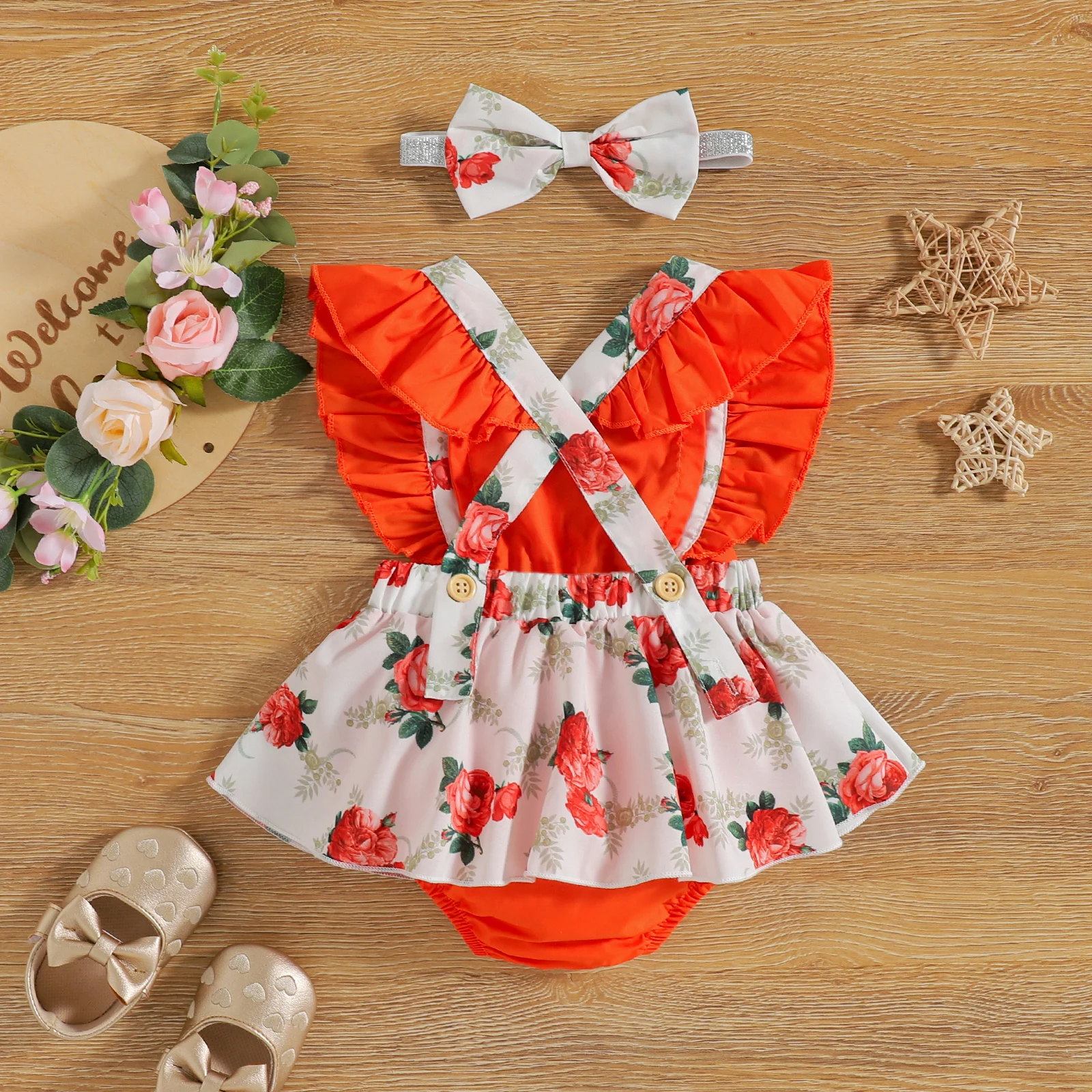 Infant Baby Girl Romper Printed Splicing Sling Dress Appearance Flying Sleeve Square Neck Romper + Headband 2022
Infant Baby Girl Romper Printed Splicing Sling Dress Appearance Flying Sleeve Square Neck Romper + Headband 2022
