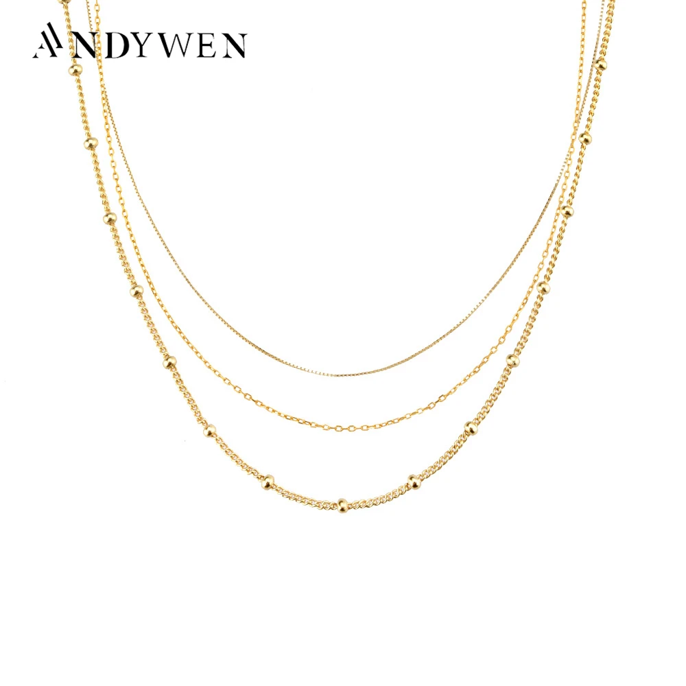 

ANDYWEN 925 Sterling Silver Gold Box Chain Beads Choker Long Necklace Fine Jewels Women Luxury Jewelry 2021 Wedding Jewelry Gift